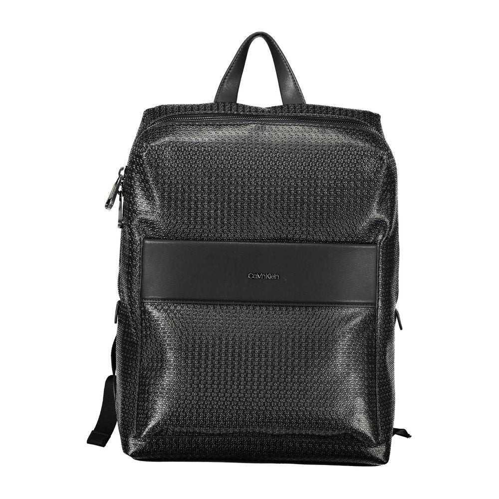 Backpack by Calvin Klein for men in polyester black showcases an architectural Polyester Backpack design, featuring a secure snap & zipper, ample external-pockets, internal-pockets & laptop-compartment, and architectural backpack-strap, adjustable-strap & handle for a sophisticated look.