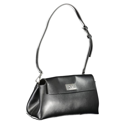 Shoulder Convertible Handbag by Calvin Klein for women in polyester faux leather black features a polished silhouette with a secure snap, ample internal-pockets, and polished shoulder-strap & adjustable-strap for a sophisticated look.