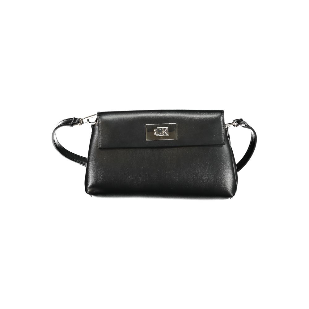 Convertible Handbag by Calvin Klein for women in polyester faux leather black features a polished silhouette with a secure snap, ample internal-pockets, and polished shoulder-strap & adjustable-strap for a sophisticated look.