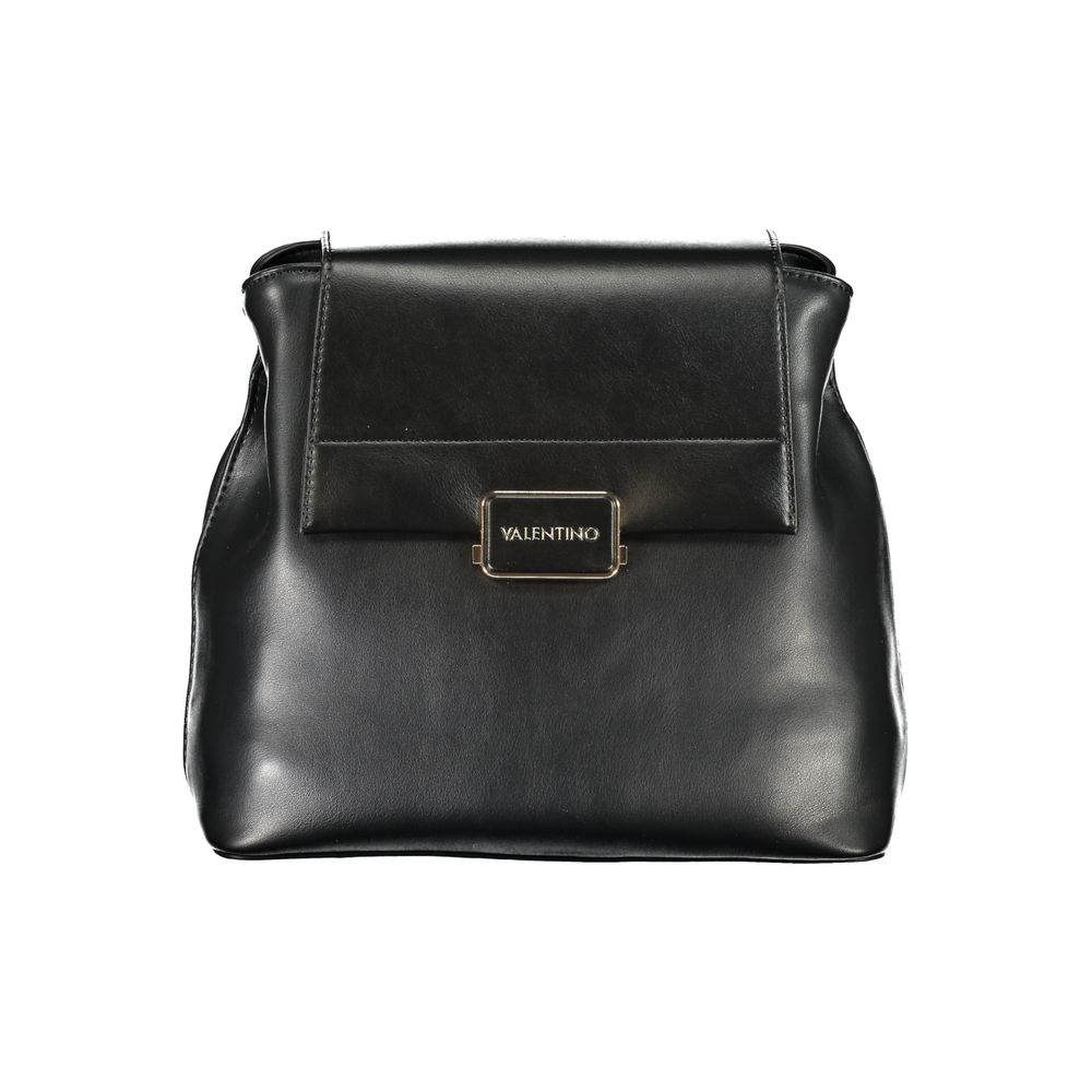 Flap Backpack by Mario Valentino for women in polyethylene faux leather black & signature features a refined silhouette, showcasing the Polyethylene Faux Leather Flap Backpack design with a secure flap & zipper, ample built-in-compartments, external-pockets & internal-pockets, and versatile backpack-strap, adjustable-strap & handle.