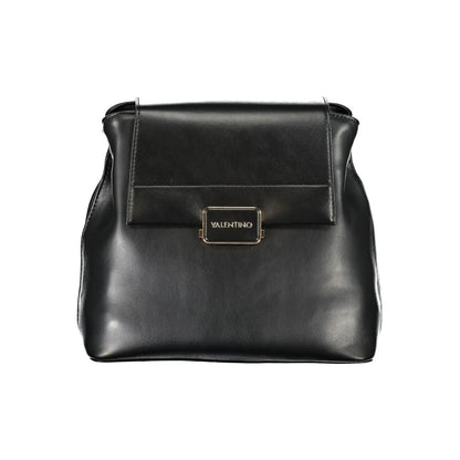 Flap Backpack by Mario Valentino for women in polyethylene faux leather black & signature features a refined silhouette, showcasing the Polyethylene Faux Leather Flap Backpack design with a secure flap & zipper, ample built-in-compartments, external-pockets & internal-pockets, and versatile backpack-strap, adjustable-strap & handle.