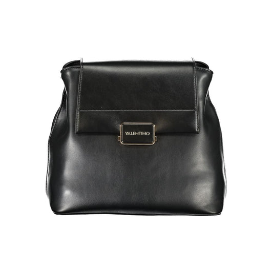 Flap Backpack by Mario Valentino for women in polyethylene faux leather black & signature features a refined silhouette, showcasing the Polyethylene Faux Leather Flap Backpack design with a secure flap & zipper, ample built-in-compartments, external-pockets & internal-pockets, and versatile backpack-strap, adjustable-strap & handle.
