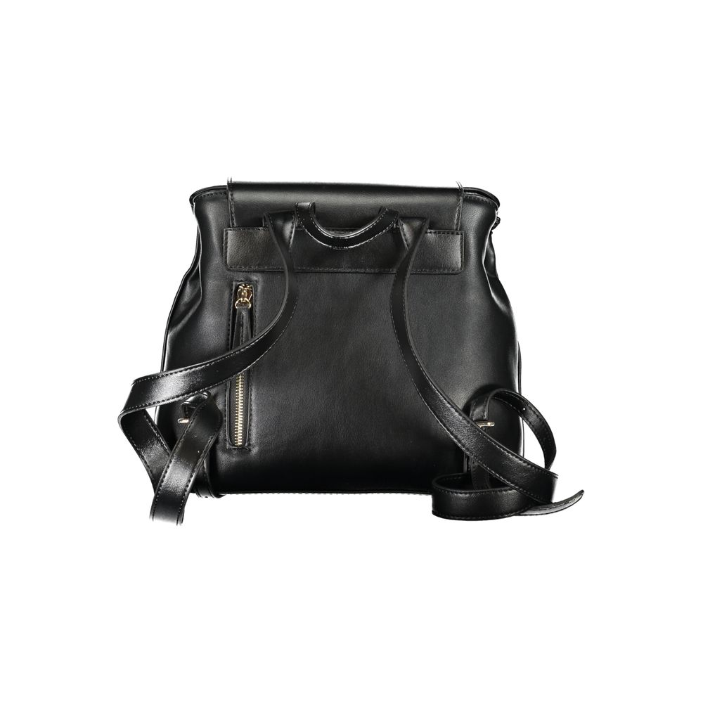 Flap Backpack by Mario Valentino for women in polyethylene faux leather black & signature features a refined silhouette, showcasing the Polyethylene Faux Leather Flap Backpack design with a secure flap & zipper, ample built-in-compartments, external-pockets & internal-pockets, and versatile backpack-strap, adjustable-strap & handle.