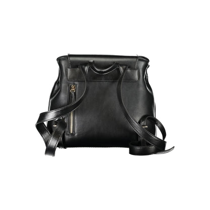 Flap Backpack by Mario Valentino for women in polyethylene faux leather black & signature features a refined silhouette, showcasing the Polyethylene Faux Leather Flap Backpack design with a secure flap & zipper, ample built-in-compartments, external-pockets & internal-pockets, and versatile backpack-strap, adjustable-strap & handle.