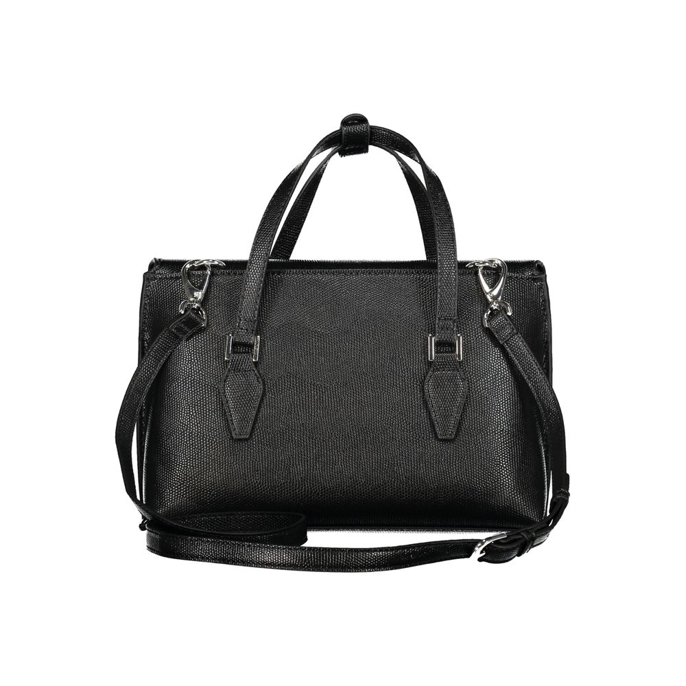 Phone Holder Handbag by Mario Valentino for women in polyethylene black & signature features a signature silhouette, showcasing a secure snap and signature document-holder, external-pockets & internal-pockets with versatile shoulder-strap, handle & adjustable-strap for a sophisticated look.
