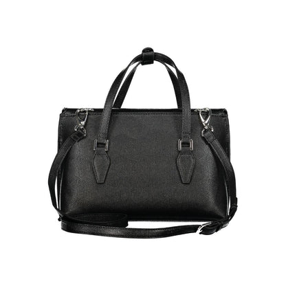 Phone Holder Handbag by Mario Valentino for women in polyethylene black & signature features a signature silhouette, showcasing a secure snap and signature document-holder, external-pockets & internal-pockets with versatile shoulder-strap, handle & adjustable-strap for a sophisticated look.