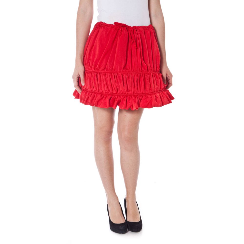 Skirt by Denny Rose for women in polyester red & rose features a contoured silhouette from the Women's Polyester Skirt collection, characterized by its contoured short for a contoured finish.