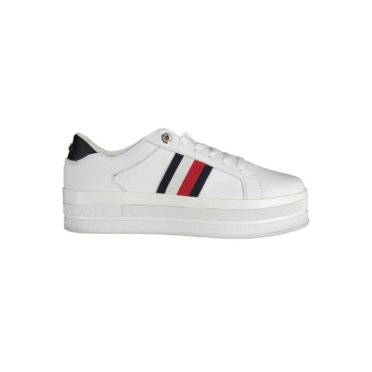 Sneakers by Tommy Hilfiger for women in cotton polyester white presents a sumptuous silhouette, artfully capturing the essence of the Women's Fashion Cotton Polyester Sneakers with its sumptuous fashion style design.
