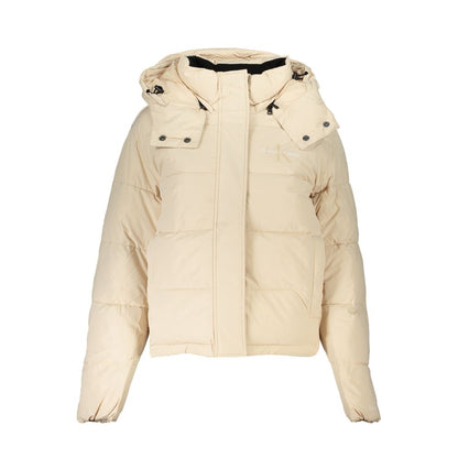Hooded Jacket by Calvin Klein for women in polyester beige presents a impeccable silhouette, showcasing distinct pockets & hooded and a impeccable hooded neckline for a sophisticated finish.
