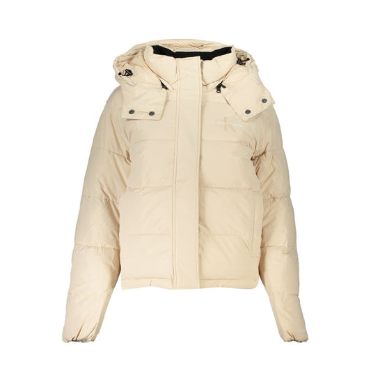 Hooded Jacket by Calvin Klein for women in polyester beige presents a impeccable silhouette, showcasing distinct pockets & hooded and a impeccable hooded neckline for a sophisticated finish.