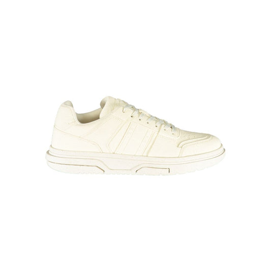 Sneakers by Tommy Hilfiger for men in polyester white presents a sumptuous silhouette, artfully capturing the essence of the Men's Fashion Polyester Sneakers with its sumptuous fashion style design.