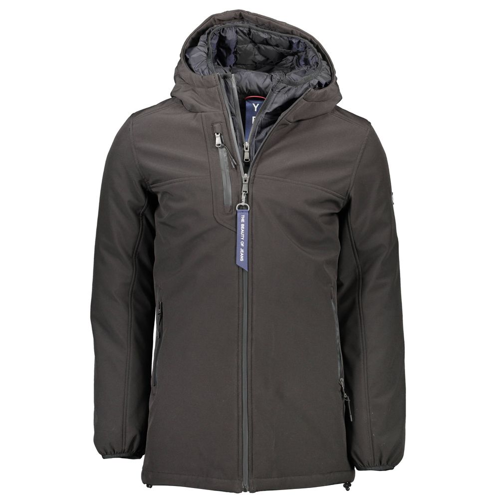 Hooded Windbreaker Jacket by Yes Zee for men in polyester black showcases a urban chic silhouette, detailed with a urban chic hooded neckline and functional pockets, hooded & windproof for a polished finish.