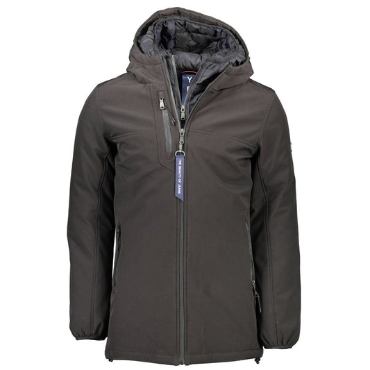 Hooded Windbreaker Jacket by Yes Zee for men in polyester black showcases a urban chic silhouette, detailed with a urban chic hooded neckline and functional pockets, hooded & windproof for a polished finish.