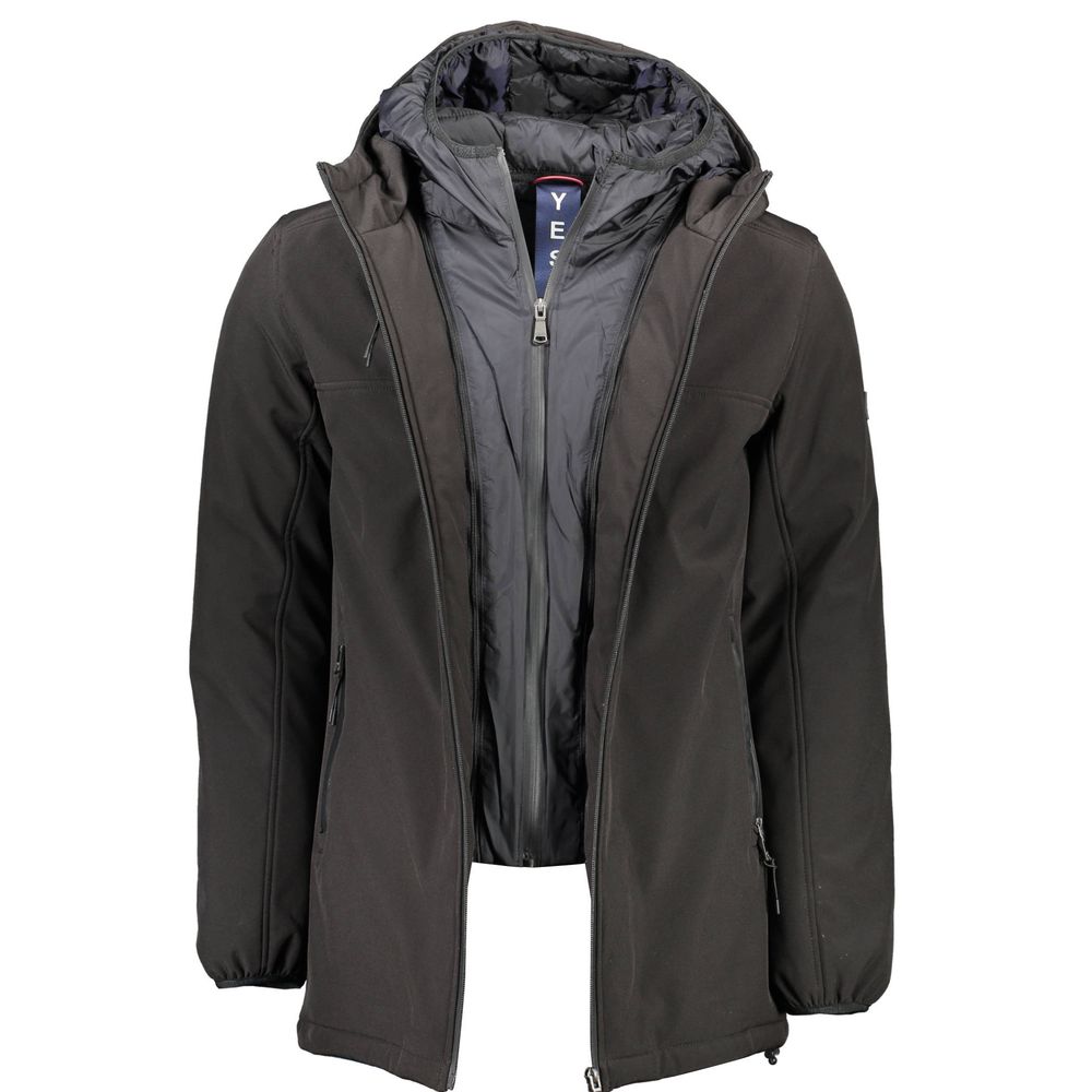 Hooded Windbreaker Jacket by Yes Zee for men in polyester black features an magnificent silhouette, showcasing the sophisticated hooded neckline and functional pockets, hooded & windproof for a premium, magnificent look.