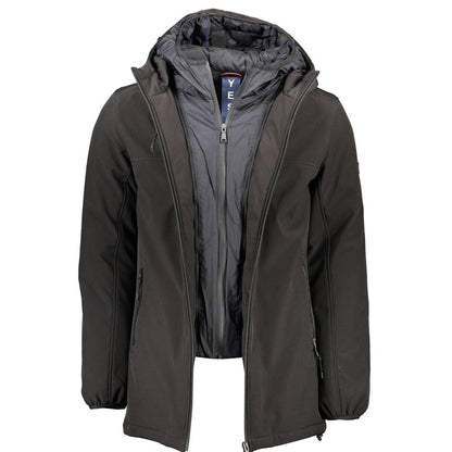 Hooded Windbreaker Jacket by Yes Zee for men in polyester black features an magnificent silhouette, showcasing the sophisticated hooded neckline and functional pockets, hooded & windproof for a premium, magnificent look.