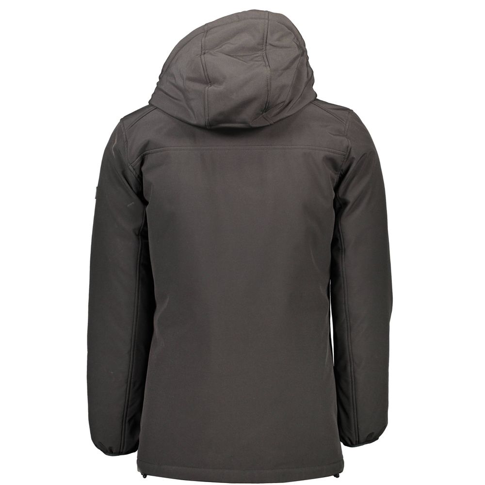 Hooded Windbreaker Jacket by Yes Zee for men in polyester black features an enduring silhouette, showcasing technical pockets, hooded & windproof and a sophisticated for a truly enduring aesthetic.