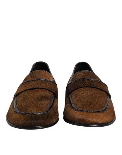 Dolce & Gabbana Men's Caiman Leather & Calf Fur Loafer Slip-On Slippers Shoes - Brown