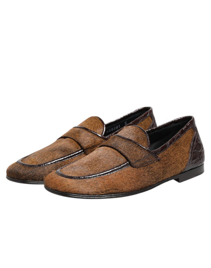 Dolce & Gabbana Men's Caiman Leather & Calf Fur Loafer Slip-On Slippers Shoes - Brown