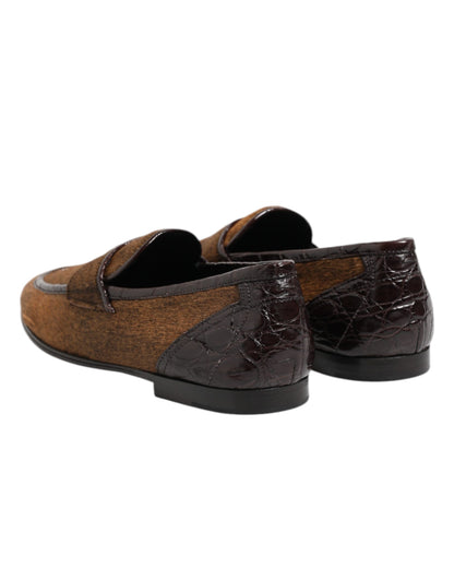 Dolce & Gabbana Men's Caiman Leather & Calf Fur Loafer Slip-On Slippers Shoes - Brown