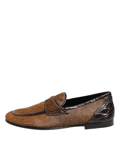 Dolce & Gabbana Men's Caiman Leather & Calf Fur Loafer Slip-On Slippers Shoes - Brown