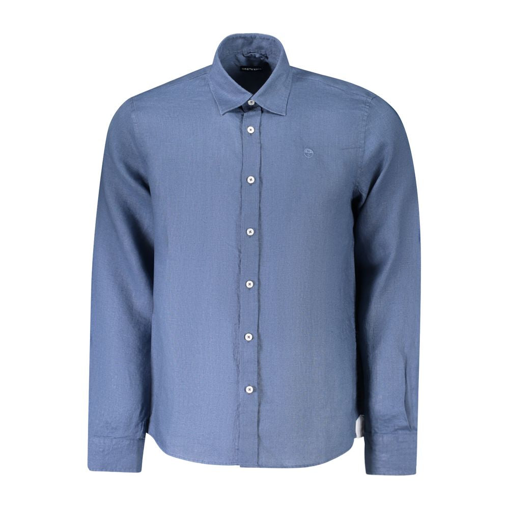 Shirt by North Sails for men in linen blue features an architectural silhouette with a refined long-sleeve and elegant for a architectural look.