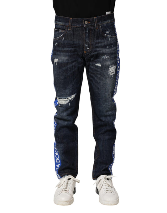 Jeans by Dolce & Gabbana for men in denim cotton & polyurethane dark-blue presents a refined pantology silhouette, artfully defined by a refined pantology skinny & regular-fit, long, and a sophisticated .