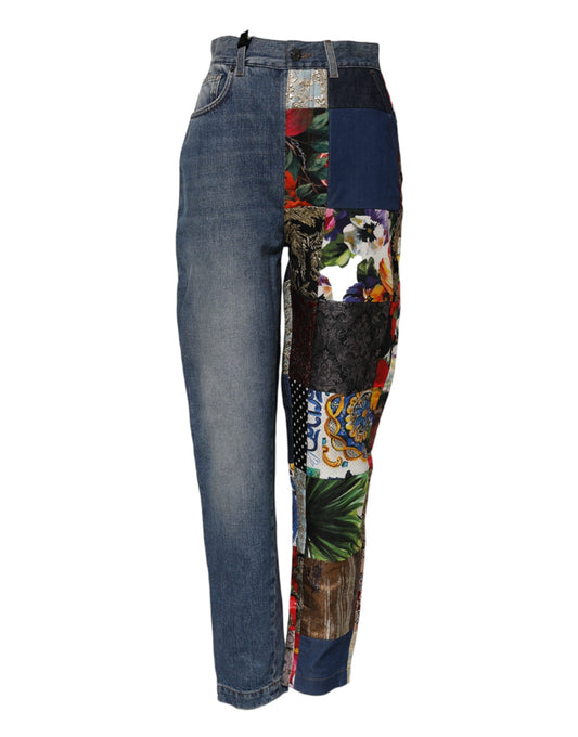 Dolce & Gabbana Women's High Rise Polyamide Polyester Cotton & Silk Jeans - Amber Blue Jacquard Patchwork