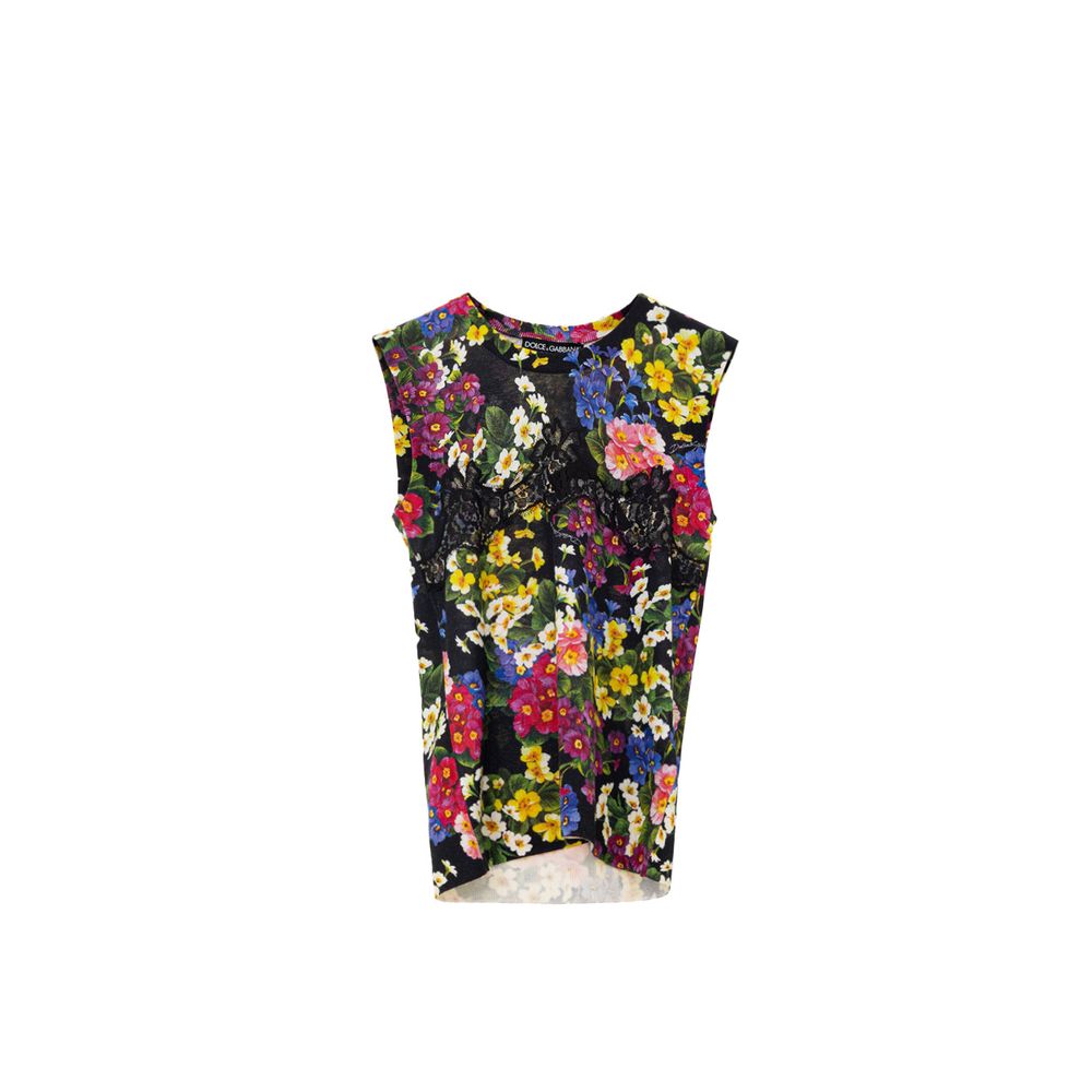 Tank Top by Dolce & Gabbana for women in cashmere cotton & silk black, multicolor, floral & print showcases a streamlined Women's Round Neck Cashmere Cotton & Silk Tank Top design with a streamlined sleeveless and round neckline.