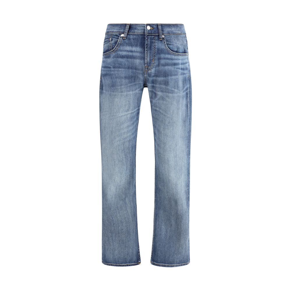 Jeans by 7FOR for men in denim cotton blue presents a refined pantology silhouette, artfully defined by a refined pantology straight-leg & regular-fit, long, and a sophisticated .