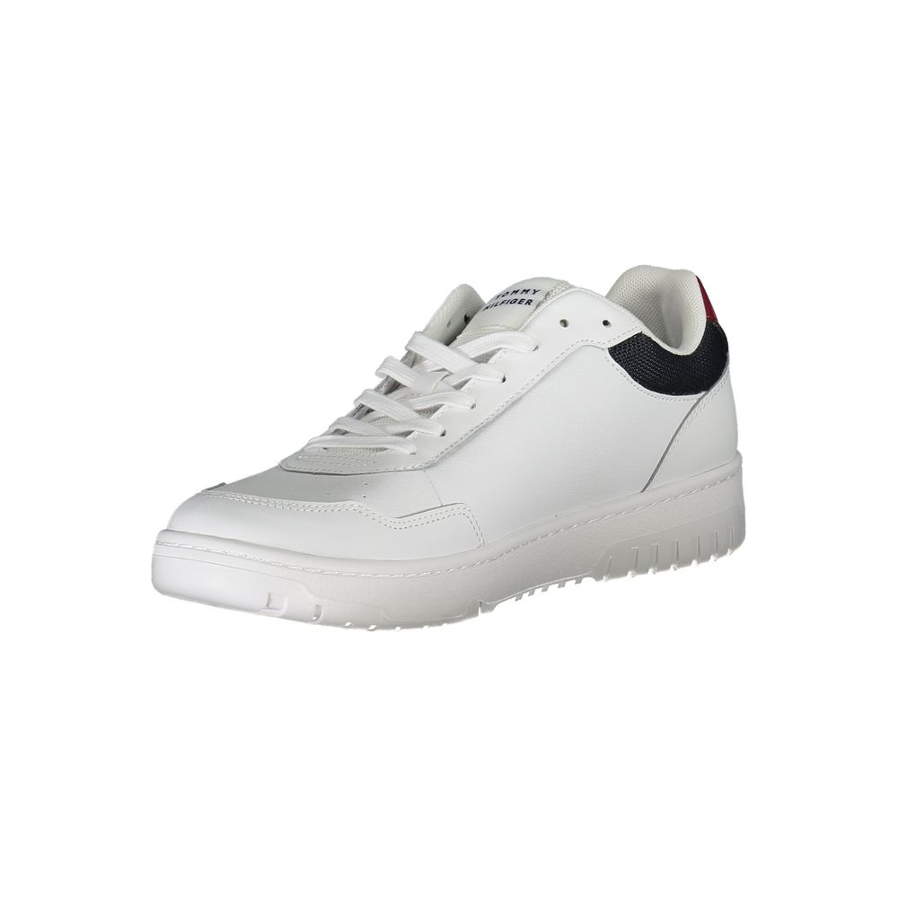 Sneakers by Tommy Hilfiger for men in leather white & print presents a sumptuous silhouette from the Men's Fashion Leather Sneakers collection, showcasing a sumptuous fashion style for an elevated aesthetic.