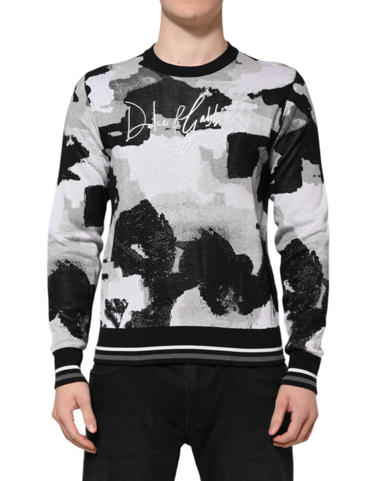 Dolce & Gabbana Men's Regular Fit Crew Neck Silk Sweater - Black Multicolor White Camouflage Signature Print