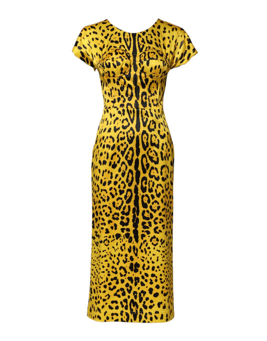 Dolce & Gabbana Women's Sheath Bodycon Short-Sleeve Round Neck Polyester Silk Satin & Acetate Midi Short Dress - Black Yellow Leopard Print Print