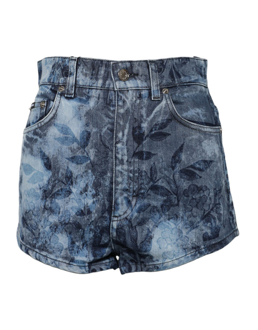 Dolce & Gabbana Women's High Rise Stretch Denim Cotton Shorts - Black Blue Floral Print