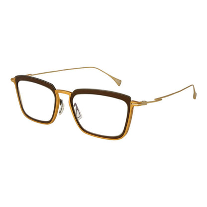 Eyeglasses Frames by Yohji Yamamoto for women in metal gold showcases a reflective silhouette, artfully incorporating a sophisticated gold coloured frame with a distinct full-frame frame design.