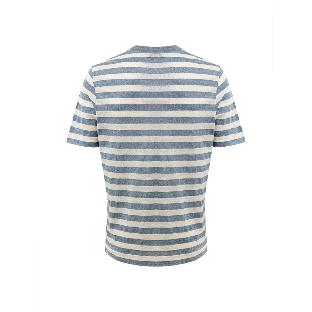 Dress by Gran Sasso for unisex in cotton blue, gray, white & striped features an sultry silhouette defined by a crew neckline and , falling to an sultry short for a sultry look.
