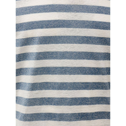Dress by Gran Sasso for unisex in cotton blue, gray, white & striped features an cute silhouette, detailed with a and crew neckline that elegantly flows into a cute short.