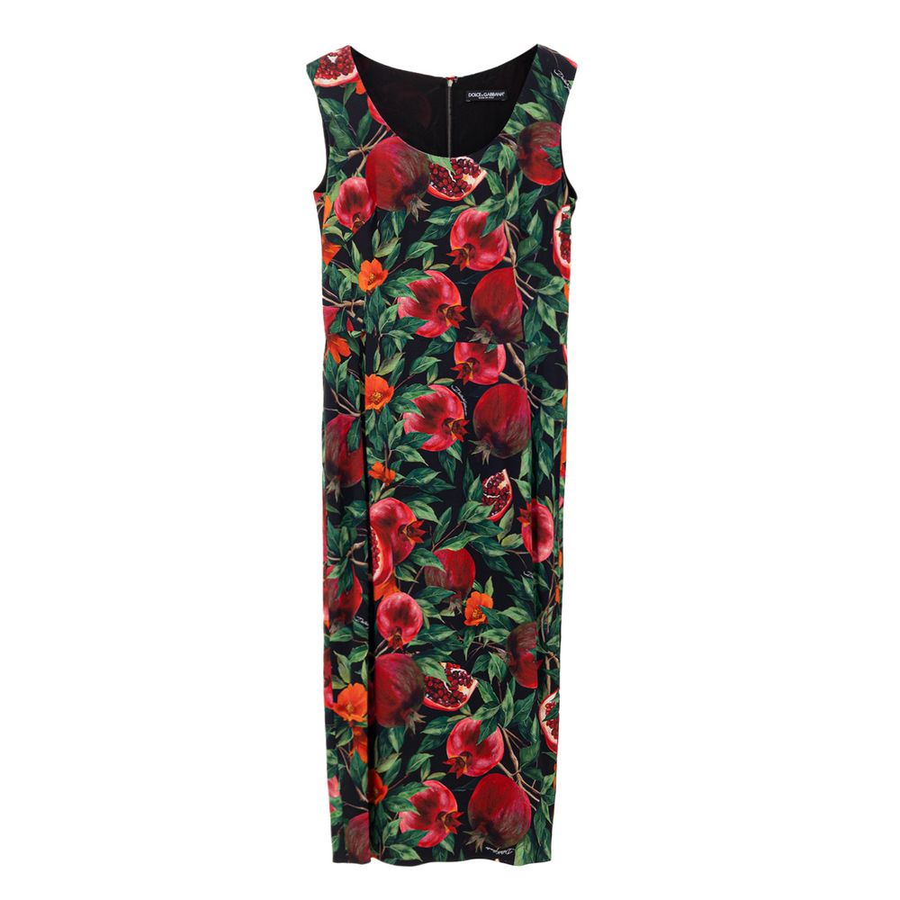 Dress by Dolce & Gabbana for women in stretch viscose bicolour, red & print features an sultry silhouette defined by a round neckline and sleeveless, falling to an sultry for a sultry look.