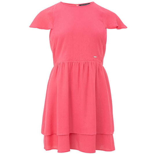 Dress by Armani Exchange for women in viscose & metal fuchsia features a dramatic silhouette, showcasing an elegant round neckline and short-sleeve that flows into a dramatic short mini.