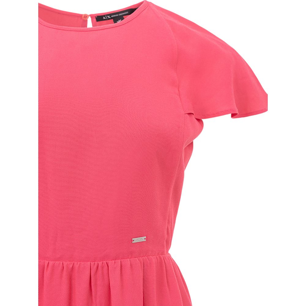 Dress by Armani Exchange for women in viscose & metal fuchsia showcases a striking silhouette, elegantly detailed with a , refined round neckline, and a striking short mini for a striking finish.