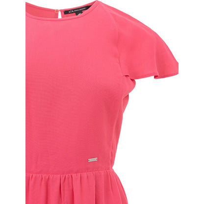 Dress by Armani Exchange for women in viscose & metal fuchsia showcases a striking silhouette, elegantly detailed with a , refined round neckline, and a striking short mini for a striking finish.