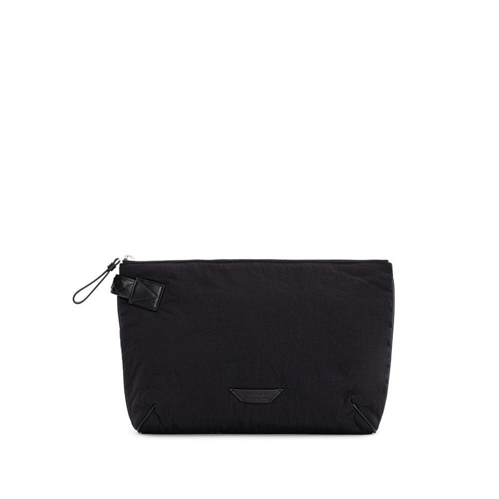 Clutch Handbag by Bottega Veneta for men in nylon & leather black features a statuesque silhouette, showcasing a secure zipper and organized single-compartment & internal-pockets with versatile handle for statuesque evening wear.