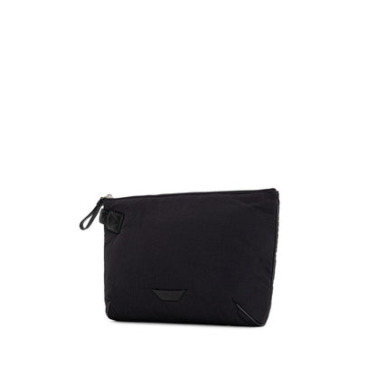 Clutch Handbag by Bottega Veneta for men in nylon & leather black features a architectural silhouette, showcasing a secure zipper, ample single-compartment & internal-pockets, and versatile handle for a architectural finish.