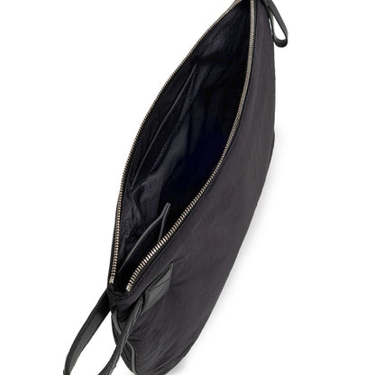 Clutch Handbag by Bottega Veneta for men in nylon & leather black showcases a sculptural silhouette, featuring a secure zipper, ample single-compartment & internal-pockets, and versatile handle for a sculptural finish.
