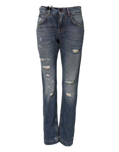 Dolce & Gabbana Heart Women's Boyfriend Mid Rise Cotton Denim & Rhinestone Jeans - Blue