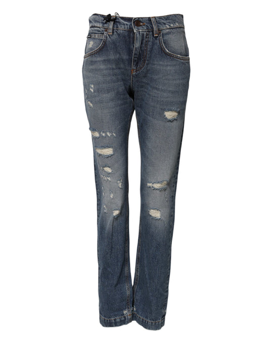 Dolce & Gabbana Heart Women's Boyfriend Mid Rise Cotton Denim & Rhinestone Jeans - Blue