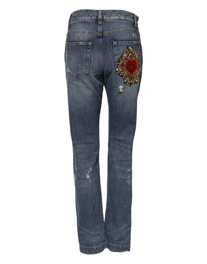 Dolce & Gabbana Heart Women's Boyfriend Mid Rise Cotton Denim & Rhinestone Jeans - Blue