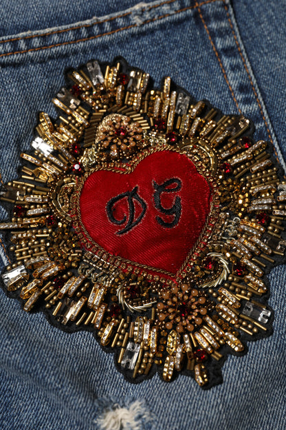 Dolce & Gabbana Heart Women's Boyfriend Mid Rise Cotton Denim & Rhinestone Jeans - Blue