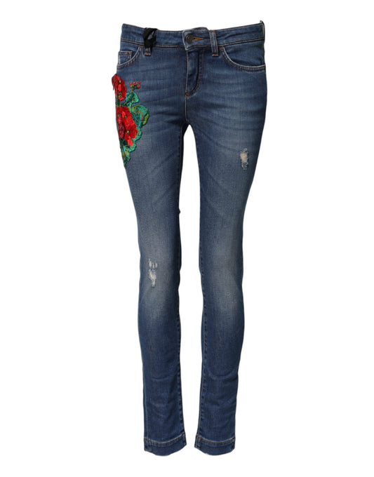 Dolce & Gabbana Women's Skinny Low Rise Stretch Denim Cotton Jeans - Blue Floral