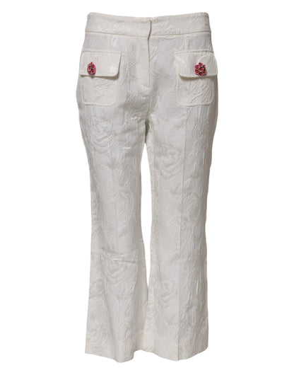 Dolce & Gabbana Women's Flared Regular Fit Cropped Mid Rise Stretch Viscose Cotton Jeans - White Floral Jacquard