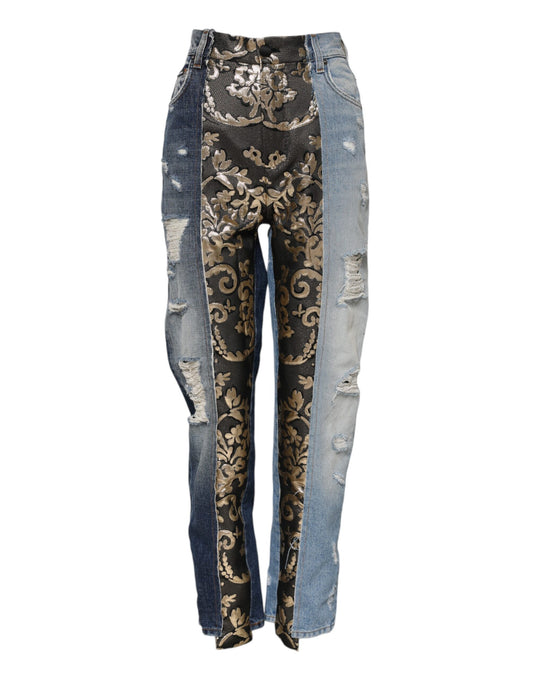 Dolce & Gabbana Women's Tapered Leg High Rise Cotton Denim Nylon Polyester & Silk Jeans - Multicolor Patchwork